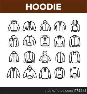 Hoodie And Sweater Collection Icons Set Vector Thin Line. Fashionable Stylish Hoodie With Hood, Warm Clothing With Long Sleeve Concept Linear Pictograms. Monochrome Contour Illustrations. Hoodie And Sweater Collection Icons Set Vector