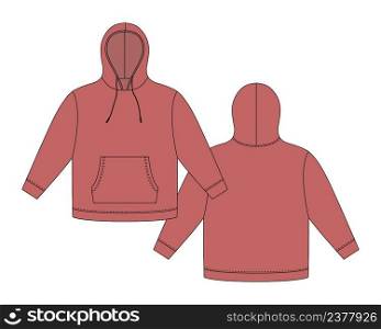 Hoodie template. Apparel hoody technical sketch mockup. Red color. Sweatshirt with hood, pockets. Unisex jumper. Casual clothes. Front and back. CAD fashion vector illustration. Hoodie template. Apparel hoody technical sketch mockup. Red color. Sweatshirt with hood, pockets.
