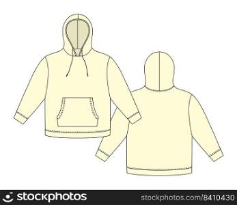Hoodie template in cream color. Apparel hoody technical sketch mockup. Sweatshirt with hood, pockets. Unisex jumper. Casual clothes. Front and back. CAD fashion vector illustration. Hoodie template in cream color. Apparel hoody technical sketch mockup. Sweatshirt with hood, pockets.