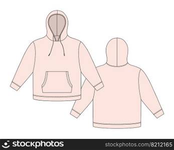 Hoodie template in light pink color. Apparel hoody technical sketch mockup. Sweatshirt with hood, pockets. Unisex jumper. Casual clothes. Front and back. CAD fashion vector illustration. Hoodie template in light pink color. Apparel hoody technical sketch mockup