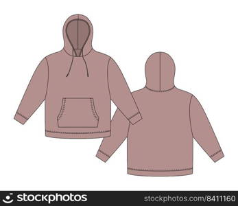 Hoodie template in mauve color. Apparel hoody technical sketch mockup. Sweatshirt with hood, pockets. Unisex jumper. Casual clothes. Front and back. CAD fashion vector illustration. Hoodie template in mauve color. Apparel hoody technical sketch mockup.