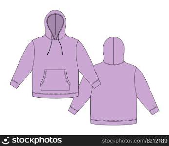 Hoodie template in pastel purple color. Apparel hoody technical sketch mockup. Sweatshirt with hood, pockets. Unisex jumper. Casual clothes. Front and back. CAD fashion vector illustration. Hoodie template in pastel purple color. Apparel hoody technical sketch mockup.