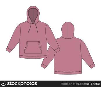 Hoodie template in pudra color. Apparel hoody technical sketch mockup. Sweatshirt with hood, pockets. Unisex jumper. Casual clothes. Front and back. CAD fashion vector illustration. Hoodie template in pudra color. Apparel hoody technical sketch mockup. Sweatshirt with hood, pockets. Unisex jumper.