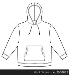 Hoodie template isolated. Apparel hoody technical sketch mockup. Sweatshirt with hood, pockets. Unisex jumper. Casual clothes. Front and back views. CAD fashion vector illustration. Hoodie template isolated. Apparel hoody technical sketch mockup.