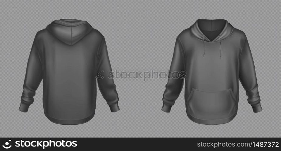 Hoody, black sweatshirt mock up front and back view set. Isolated hoodie with long sleeves, kangaroo muff pocket and drawstrings. Sport, casual or urban clothing fashion, Realistic 3d vector mockup. Hoody, black sweatshirt mock up front and back set
