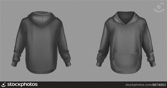 Hoody, black sweatshirt mock up front and back view set. Isolated hoodie with long sleeves, kangaroo muff pocket and drawstrings. Sport, casual or urban clothing fashion, Realistic 3d vector mockup. Hoody, black sweatshirt mock up front and back set