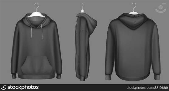 Hoody, black sweatshirt on hanger mock up front, side and back view. Isolated hoodie with long sleeves, kangaroo muff pocket and drawstrings. Sports, casual urban clothing, Realistic 3d vector mockup. Hoody, black sweatshirt on hanger mock up set