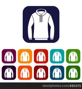 Hoody icons set vector illustration in flat style in colors red, blue, green, and other. Hoody icons set