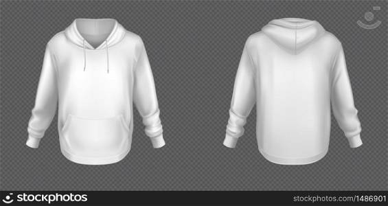 Hoody, white sweatshirt mock up front and back view set. Isolated hoodie with long sleeves, kangaroo muff pocket and drawstrings. Sport, casual or urban clothing fashion, Realistic 3d vector mockup. Hoody, white sweatshirt mock up front and back set
