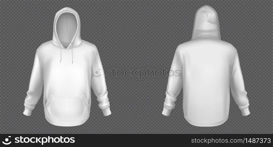 Hoody, white sweatshirt mock up front and back view set. Isolated hoodie with long sleeves, kangaroo muff pocket and drawstrings. Sport, casual or urban clothing fashion, Realistic 3d vector mockup. Hoody, white sweatshirt mock up front and back set