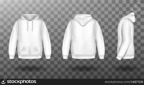 Hoody, white sweatshirt mock up front side back view set. Isolated hoodie with long sleeves, kangaroo muff pocket and drawstrings. Sport, casual or urban clothing fashion, Realistic 3d vector mockup. Hoody, white sweatshirt mock up front and back set