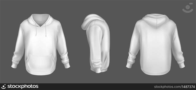 Hoody, white sweatshirt mock up front side back view set. Isolated hoodie with long sleeves, kangaroo muff pocket and drawstrings. Sport, casual or urban clothing fashion, Realistic 3d vector mockup. Hoody white sweatshirt mock up front side back set