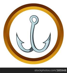 Hook for fishing vector icon in golden circle, cartoon style isolated on white background. Hook for fishing vector icon