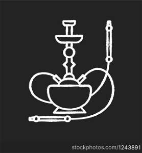 Hookah chalk white icon on black background. Sheesha house. Cultural qalyan. Nargile lounge. Odor from pipe. Scent of vaporizing. Smoking area. Isolated vector chalkboard illustration