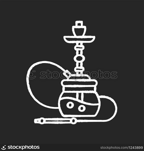 Hookah chalk white icon on black background. Sheesha house. Object to inhale nicotine. Nargile lounge. Odor from pipe. Scent of vaporizing. Smoking area. Isolated vector chalkboard illustration