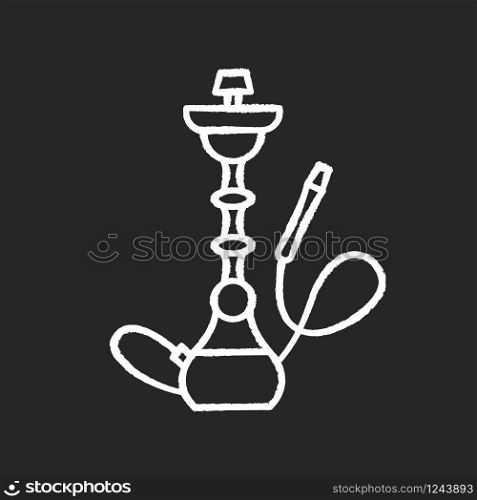 Hookah chalk white icon on black background. Sheesha house. Party object. Nargile lounge. Odor from pipe. Scent of vaporizing. Smoking area. Isolated vector chalkboard illustration