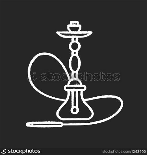 Hookah chalk white icon on black background. Sheesha house. Smoke pipe and relax indoors. Nargile lounge. Odor from pipe. Scent of vaporizing. Isolated vector chalkboard illustration