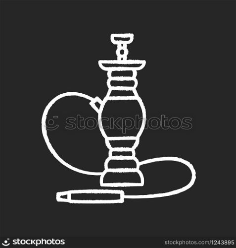 Hookah chalk white icon on black background. Sheesha house. Water pipe, bong. Nargile lounge. Odor from pipe. Scent of vaporizing. Smoking area. Isolated vector chalkboard illustration