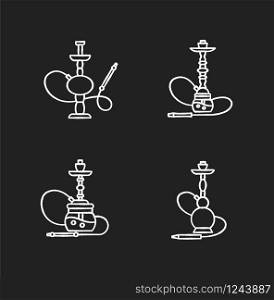 Hookah chalk white icons set on black background. Hooka bar for peaceful leisure. Sheesha house. Nargile lounge. Odor from pipe. Scent of vaporizing. Isolated vector chalkboard illustrations