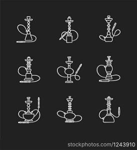 Hookah chalk white icons set on black background. Shisha with wire. Sheesha house. Nargile lounge. Odor from pipe. Scent of vaporizing. Smoking area. Isolated vector chalkboard illustrations