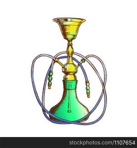 Hookah Lounge Bar Relax Equipment Retro Vector. Standing Arabian Traditional Smoking Cultural Glass Hookah With Two Tubes. Oriental Relaxation Aroma Tobacco Tool Color Hand Drawn Illustration. Hookah Lounge Bar Relax Equipment Retro Vector