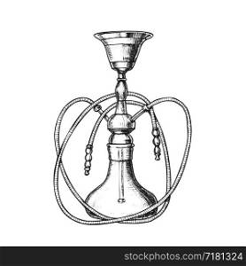 Hookah Lounge Bar Relax Equipment Retro Vector. Standing Arabian Traditional Smoking Cultural Glass Hookah With Two Tubes. Oriental Relaxation Aroma Tobacco Tool Monochrome Hand Drawn Illustration. Hookah Lounge Bar Relax Equipment Retro Vector