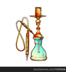 Hookah Lounge Cafe Equipment Hand Drawn Vector. Single Stemmed Hookah Whose Vapor Or Smoke Is Passed Through Water Basin Often Glass Based Inhalation. Color Designed In Retro Style Illustration. Hookah Lounge Cafe Equipment Hand Drawn Vector