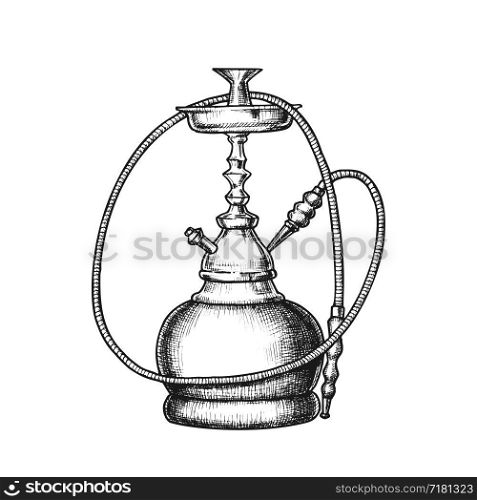 Hookah Lounge Cafe Relax Equipment Retro Vector. Standing Eastern Tradition Smoking Ceramic Hookah. Oriental Relaxation Aroma Tobacco Accessory Monochrome Designed In Vintage Style Illustration. Hookah Lounge Cafe Relax Equipment Retro Vector