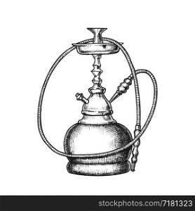 Hookah Lounge Cafe Relax Equipment Retro Vector. Standing Eastern Tradition Smoking Ceramic Hookah. Oriental Relaxation Aroma Tobacco Accessory Monochrome Designed In Vintage Style Illustration. Hookah Lounge Cafe Relax Equipment Retro Vector