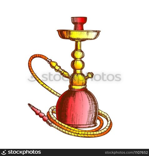Hookah Lounge Cafe Relax Equipment Retro Vector. Standing Single Stemmed Hookah For Vaporizing And Smoking Flavored Cannabis, Tobacco Or Opium. Color Designed In Retro Style Illustration. Hookah Lounge Cafe Relax Equipment Vintage Vector