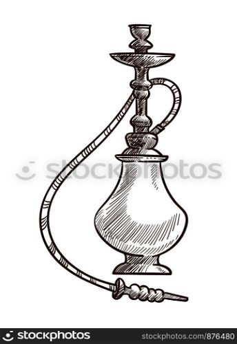 Hookah oriental item for smoking monochrome sketch outline icon. Eastern traditions shisha with long tube to inhale aromatic fumes. Arabic lounge element sign isolated on vector illustration. Hookah oriental item for smoking sketch vector illustration