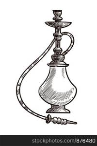 Hookah oriental item for smoking monochrome sketch outline icon. Eastern traditions shisha with long tube to inhale aromatic fumes. Arabic lounge element sign isolated on vector illustration. Hookah oriental item for smoking sketch vector illustration