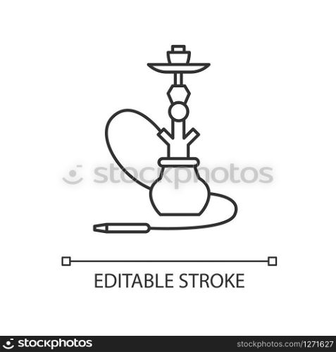Hookah pixel perfect linear icon. Sheesha house. Nargile lounge. Odor from pipe. Scent of vape. Thin line customizable illustration. Contour symbol. Vector isolated outline drawing. Editable stroke