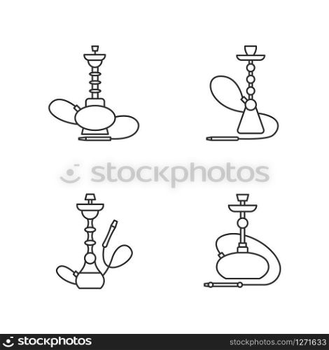 Hookah pixel perfect linear icons set. Amusement with friends. Sheesha house. Nargile lounge. Customizable thin line contour symbols. Isolated vector outline illustrations. Editable stroke