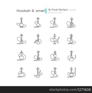 Hookah pixel perfect linear icons set. Sheesha bar. Hooka accessories. Tobacco option. Arabic lounge. Customizable thin line contour symbols. Isolated vector outline illustrations. Editable stroke