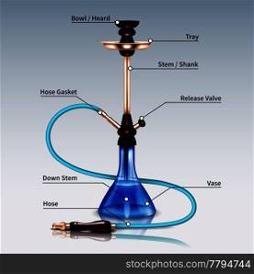 Hookah realistic infographics with hose stem tray and vase vector illustration. Hookah Realistic Infographics