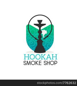 Hookah smoke shop icon. Shisha bar, arabic restaurant or club lounge, hookah smoking accessories store vector emblem, symbol or icon with hookah, shisha pipe and smoke silhouette. Hookah smoke shop or shisha store vector icon