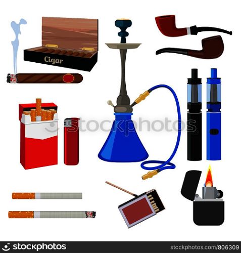 Hookah, tobacco, cigarette and other different tools for smokers. Vector cigarette and cigar, hookah and pipe illustration. Hookah, tobacco, cigarette and other different tools for smokers