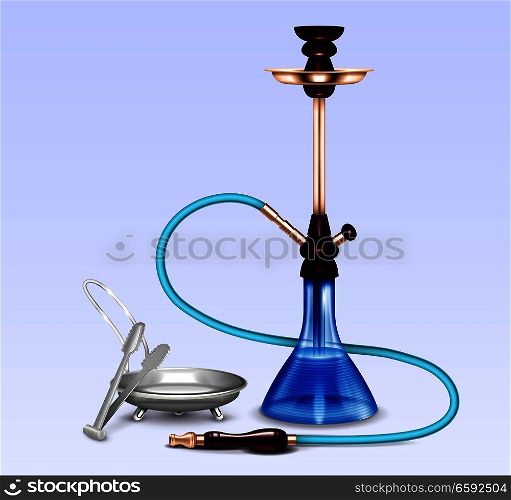 Hookah water pipe hubbly bubby smoking accessories set realistic close-up image with coal tray vector illustration . Hookah Smoking Accessories Realistic Set 
