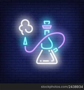 Hookah with smoke neon style icon. Nightlife or smoking concept. Bright neon sign element can be used for lounge, club and cafe advertising