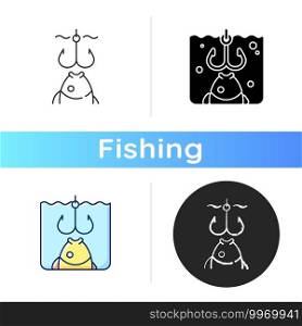 Hooks icon. Fish try to bite hook. Fish ate the bait got hooked. Process of catching fish. Decisive moment. Working bait. Linear black and RGB color styles. Isolated vector illustrations. Hooks icon