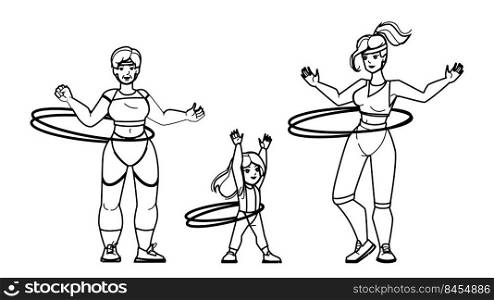 hoola hoop vector. hula ring woman girl, sport family, park fitness hoola hoop character. people black line pencil drawing vector illustration. hoola hoop vector