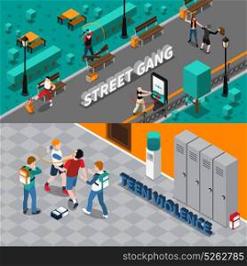 Hooliganism Isometric Horizontal Banners. Hooliganism isometric horizontal banners with street gang attacking people destroying property and teen violence isolated vector illustration