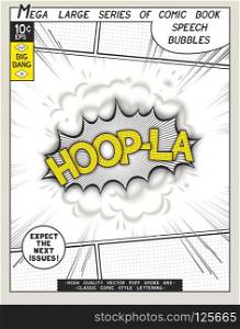 Hoop-la. Explosion in comic style with lettering and realistic puffs smoke. 3D vector pop art speech bubble. Series comics speech bubble