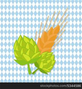 Hop and Golden Ears of Wheat Vector Illustrations. Green hop and golden ears of wheat vector on checkered background. Plants cultivated for use by brewing industry, flavor ingredients in beer
