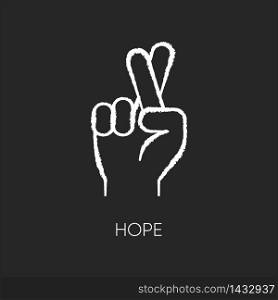 Hope chalk white icon on black background. Crossed fingers for luck. Optimistic outlook. Positive attitude. Wish of good expectation. Promise for possibility. Isolated vector chalkboard illustration. Hope chalk white icon on black background