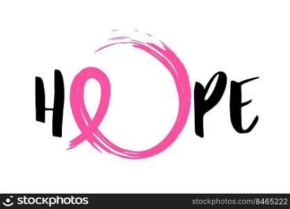 Hope lettering design with Line art symbol in breast shape. Breast Cancer Awareness Month C&aign. Icon design for poster, banner and t-shirt.
