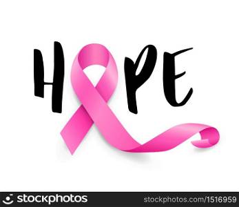 Hope lettering design with pink ribbon. Breast Cancer Awareness Month Campaign. For poster, banner and t-shirt. Vector Illustration isolated on white background.