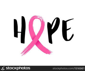 Hope lettering design with Pink ribbon, Brush style for poster, banner and t-shirt. Breast cancer awareness concept. Illustration isolated on white background.