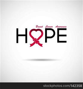 "Hope" typographical.Hope word icon.Breast Cancer October Awareness Month Campaign Background.Women health vector design.Breast cancer awareness logo design.Breast cancer awareness month icon.Vector illustration